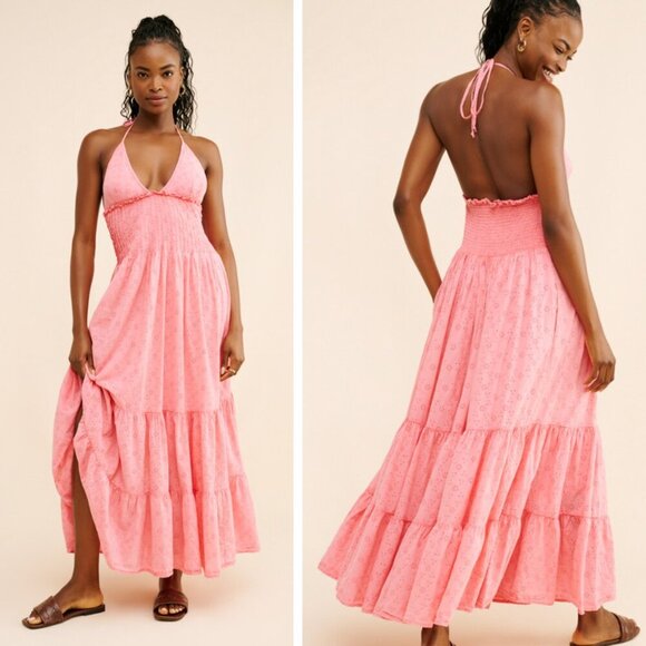 New! Free People Pink Pintuck Paradise eyelet Tiered Maxi Dress 20931 - Picture 1 of 13